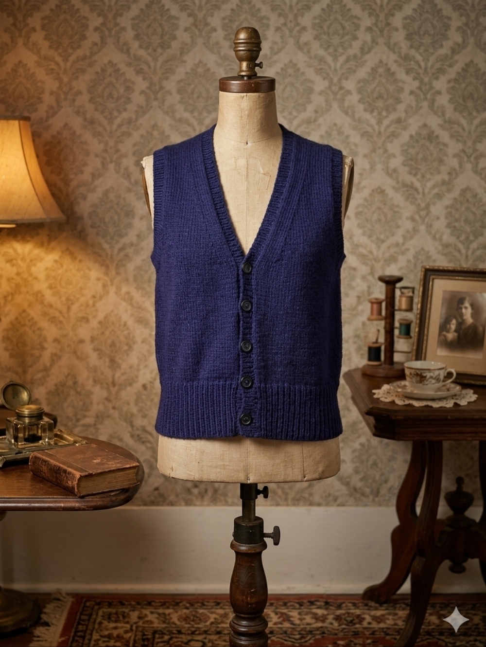 Handknit Royal Blue Sweater Vest – Vintage-Inspired, Button Front
